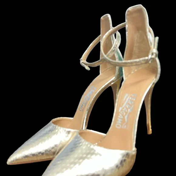 Salvatore Ferragamo Silver Ankle Strap Leather Stiletto PumpsUS Size 6.5